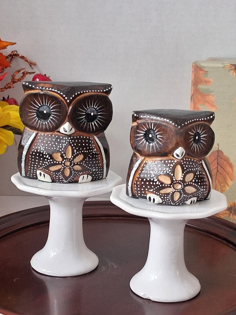 VTG! Wooden Owl Figurines Mama+Baby, Set of 2, 'Batik Style' -Dot Folk Art Decor
